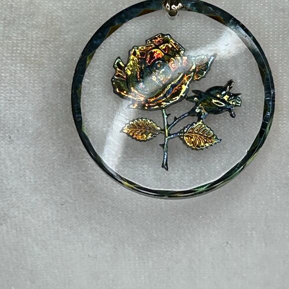 Vintage Germany Glass Reverse Carved Iridescent Rose Round Pendant Necklace - Picture 6 of 10